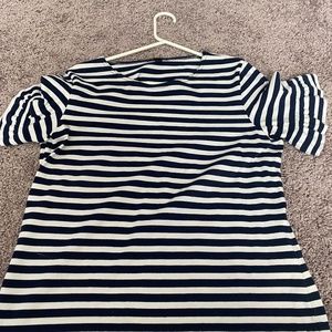 J Crew striped navy and white blouse with ruffle sleve